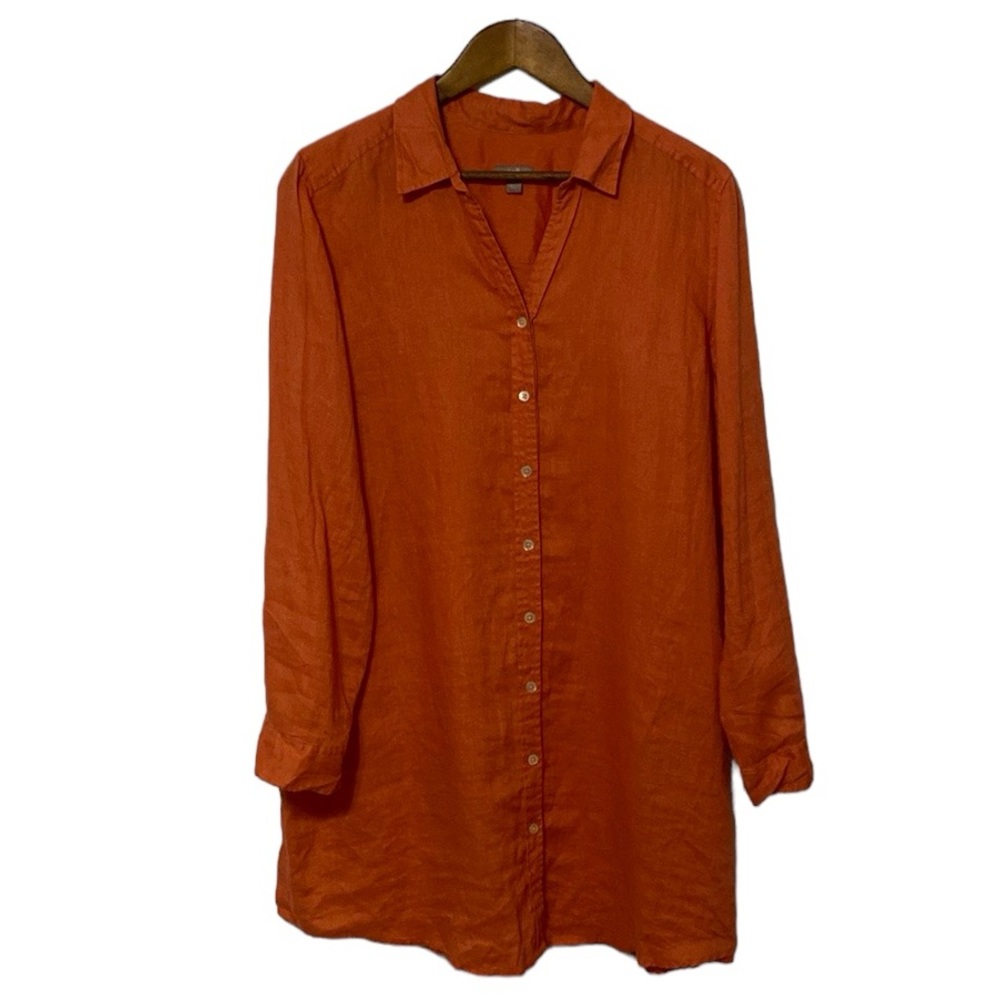 J. Jill 100% Linen Long Sleeve Button Down Tunic in Coral Orange